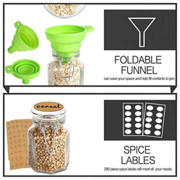 Spice Jars, KAMOTA 30 PACK 3.5oz Octagonal Diamond Small Glass Jars with Leak Proof Rubber Gasket and Airtight Hinged Lid, 280 Spice Labels & 2 Silicone Funnels, for Spice Herb,Art Craft Storage Empty