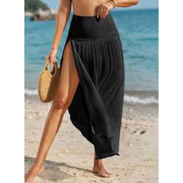 Herseas Women's Swimsuit Cover Up Black Shirred High Waist Split Thigh Bathing Suit Swim Sarong Beach Long Skirt Small 4 6
