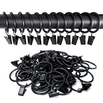 44pcs Curtain Rings with Clips Hooks 1.5 inch Rustproof Matte Metal Stainless Steel Drapery Rings for Tension Rod Bracket Eyelets Decorative Hangers, Vintage Black (1.5" Interior Diameter)