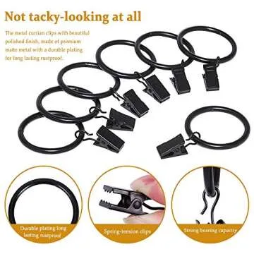44pcs Curtain Rings with Clips Hooks 1.5 inch Rustproof Matte Metal Stainless Steel Drapery Rings for Tension Rod Bracket Eyelets Decorative Hangers, Vintage Black (1.5" Interior Diameter)