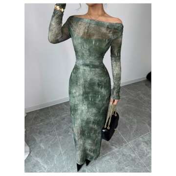 MakeMeChic Women's Tie Dye Mesh Off The Shoulder Dress Ruched Long Sleeve Bodycon Maxi Dresses Green Small