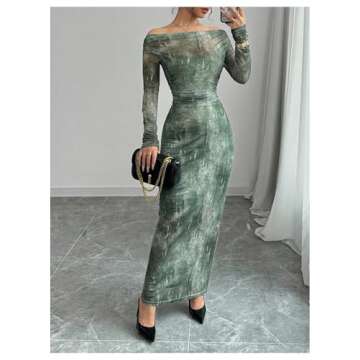 MakeMeChic Women's Tie Dye Mesh Off The Shoulder Dress Ruched Long Sleeve Bodycon Maxi Dresses Green Small