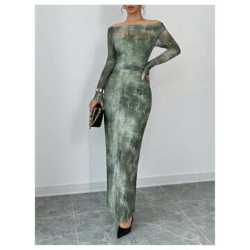 MakeMeChic Women's Tie Dye Mesh Off The Shoulder Dress Ruched Long Sleeve Bodycon Maxi Dresses Green Small