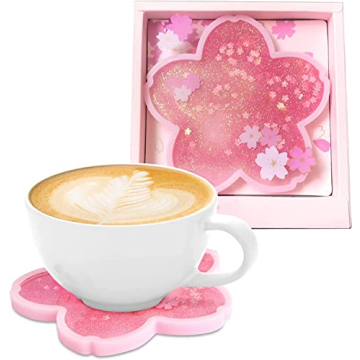 Sakura Coasters, Cherry Blossom Quicksand Flash Coaster Cute Quicksand Glitter Drink Coasters Non-Sl...
