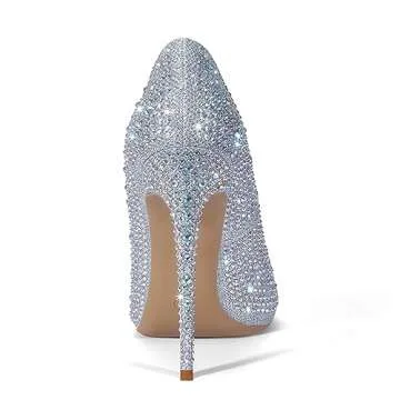 Elisabet Tang Pointed Toe High Heel Glitter Rhinestone Heels Sparkly Prom Shoes Stiletto Wedding Heels for Bride Shoes for Women Silver Glitter Size 8