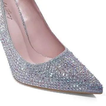 Elisabet Tang Pointed Toe High Heel Glitter Rhinestone Heels Sparkly Prom Shoes Stiletto Wedding Heels for Bride Shoes for Women Silver Glitter Size 8