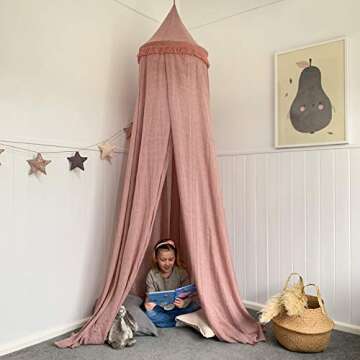Zeke and Zoey Hanging Dusty Dirty Pink Princess Canopy for Girls Bed with Tassels - Hideaway Tent for Kids Rooms or Cribs. Nursery Decoration - Slightly Sheer Drapes for Child, Play or Reading