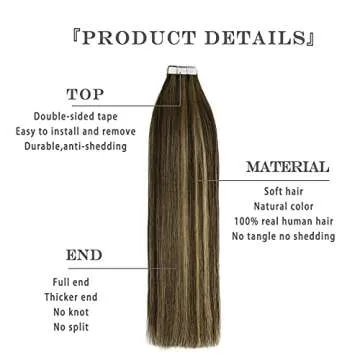 Brown Hair Extensions 50g 20Pcs 18inch Tape In Hair Extensions Human Hair Ombre Dark Brown Thick End For Full Head No Tangle Silky Straight Balayage Extensions(MB#18'')