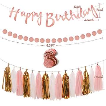 Rose Gold and Pink Birthday Party Decorations Set with Happy Birthday Banner,DIY Cake Topper,Circle Dots Garland,Hanging Swirls,Paper Tassels Garland,Confetti Balloons for Man Women Birthday Party