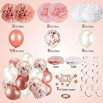 Rose Gold and Pink Birthday Party Decorations Set with Happy Birthday Banner,DIY Cake Topper,Circle Dots Garland,Hanging Swirls,Paper Tassels Garland,Confetti Balloons for Man Women Birthday Party