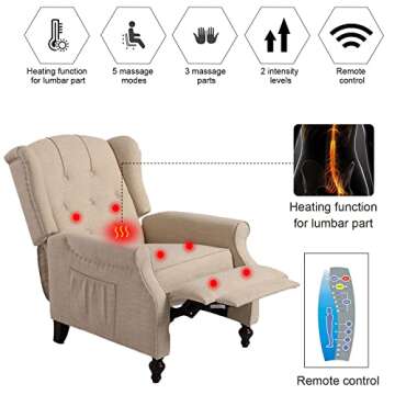 B BAIJIAWEI Recliner Wingback Chair - Tufted Arm Chair Recliner - Massage Recliner Chair with Heat - Fabric Push Back Recliner with Remote Control, Heating Function, Adjustable Backrest (Beige)