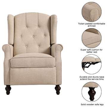B BAIJIAWEI Recliner Wingback Chair - Tufted Arm Chair Recliner - Massage Recliner Chair with Heat - Fabric Push Back Recliner with Remote Control, Heating Function, Adjustable Backrest (Beige)
