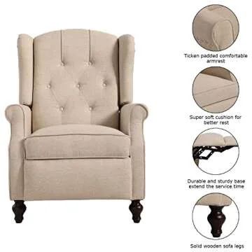 B BAIJIAWEI Recliner Wingback Chair - Tufted Arm Chair Recliner - Massage Recliner Chair with Heat - Fabric Push Back Recliner with Remote Control, Heating Function, Adjustable Backrest (Beige)