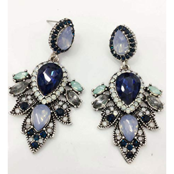 Large Art Deco Antique Vintage Style Navy Baby Blue Sapphire Opal Rhinestone Bridal Bridesmaid Wedding Prom Pageant Statement Earrings