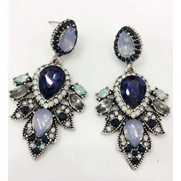Large Art Deco Antique Vintage Style Navy Baby Blue Sapphire Opal Rhinestone Bridal Bridesmaid Wedding Prom Pageant Statement Earrings