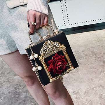 QZUnique Women Love Angel Floral Evening Bag Rose Embossed Formal Purse Clutch Black Gold Crossbody ...