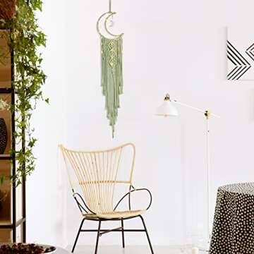 Macrame Moon Dream Catcher for Girl, Green Boho Crescent Dreamcatcher for Bedroom Adult, Handmade Nursery Room Wall Hanging with Star Pendant for Teen, Bohemian Home Decoration Idea