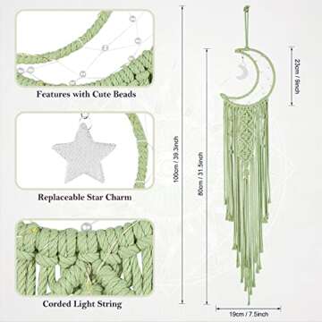 Macrame Moon Dream Catcher for Girl, Green Boho Crescent Dreamcatcher for Bedroom Adult, Handmade Nursery Room Wall Hanging with Star Pendant for Teen, Bohemian Home Decoration Idea