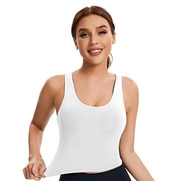 SJBYST Padded Longline Sports Bra Women Medium Support V-Neck Yoga Bra Built in Bra Removable Cups Tank Tops for Gym Workout Fitness White Medium