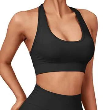 SUUKSESS Women Seamless Halter Sports Bra Open Back Padded Workout Crop Tank Tops (Black, XS)