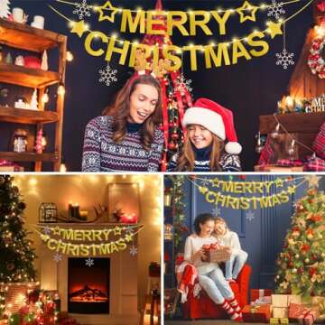 Merry Christmas Banner- Merry Christmas Banner Indoor, of Indoor Fireplaces, Room Walls and Patio Decorations, Sparkling Gold Color,Christmas Decoration Clearance
