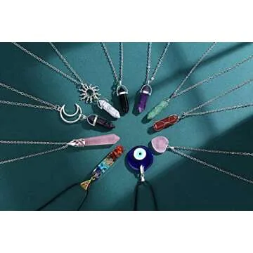 MAIBAOTA 10 Pcs Crystal Necklace Healing Amethyst Crystals Carnelian Chakra Necklaces Evil Eye Neckl...