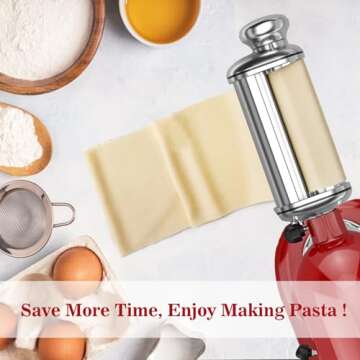 Pasta Maker Attachments for Kitchenaid Stand Mixers, 3-Pieces Pasta Accessories Included Stainless Steel Dough Sheet Roller, Fettuccine Cutter, Spaghetti Cutter and Cleaning Brush