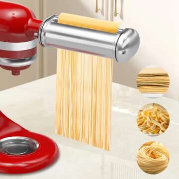 Pasta Maker Attachments for Kitchenaid Stand Mixers, 3-Pieces Pasta Accessories Included Stainless Steel Dough Sheet Roller, Fettuccine Cutter, Spaghetti Cutter and Cleaning Brush