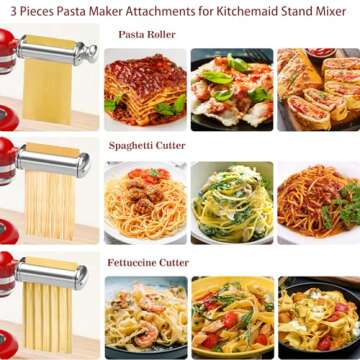 Pasta Maker Attachments for Kitchenaid Stand Mixers, 3-Pieces Pasta Accessories Included Stainless Steel Dough Sheet Roller, Fettuccine Cutter, Spaghetti Cutter and Cleaning Brush