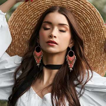 BBTO 4 Pcs Long Beaded Tassel Earrings Bohemia Native Handmade Seed Bead Statement Fringe Drop Boho Dangle for Women Girls (Retro)