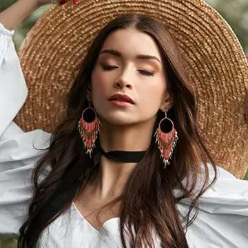 BBTO 4 Pcs Long Beaded Tassel Earrings Bohemia Native Handmade Seed Bead Statement Fringe Drop Boho Dangle for Women Girls (Retro)