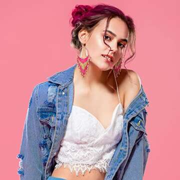 BBTO 4 Pcs Long Beaded Tassel Earrings Bohemia Native Handmade Seed Bead Statement Fringe Drop Boho Dangle for Women Girls (Retro)