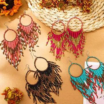 BBTO 4 Pcs Long Beaded Tassel Earrings Bohemia Native Handmade Seed Bead Statement Fringe Drop Boho Dangle for Women Girls (Retro)