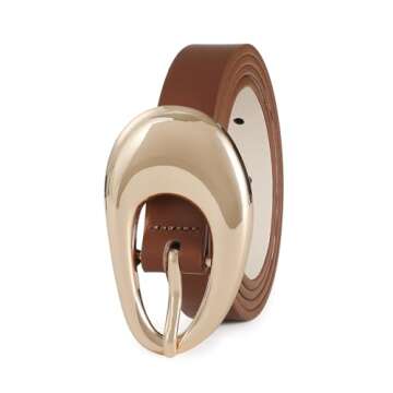 RISANTRY Genuine Leather Belt for Women Brown Leather With Smooth Oval Gold Metal Buckle Luxury Casu...