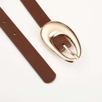 RISANTRY Genuine Leather Belt for Women Brown Leather With Smooth Oval Gold Metal Buckle Luxury Casual Fashion Belts