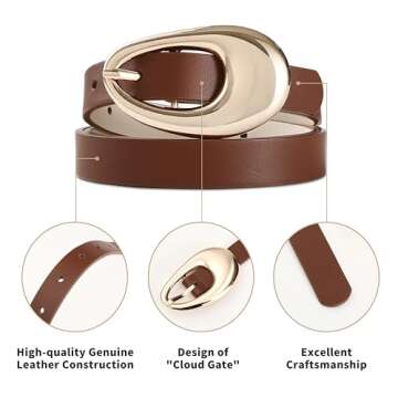 RISANTRY Genuine Leather Belt for Women Brown Leather With Smooth Oval Gold Metal Buckle Luxury Casual Fashion Belts