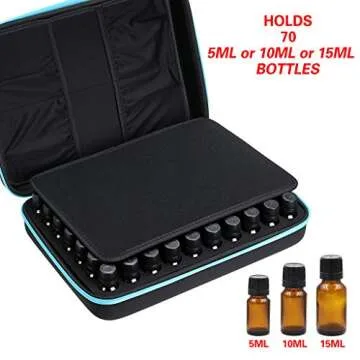 Hipiwe 70 Essential Oils Carrying Case Holds 5ml, 10ml, 15ml Bottles Hard Shell Exterior EVA Essential Oils Storage Organzier Bag with Foam Insert and Carrying Handle, Blue