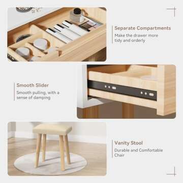 ARTETHYS Small Vanity Desk Set with 3 Adjustable Lighted Mirror and Storage Shelf White Tiny Makeup Vanities Set with Drawer for Bedroom 24 Inch Compact Dressing Table for Mini Space