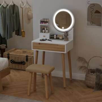 ARTETHYS Small Vanity Desk Set with 3 Adjustable Lighted Mirror and Storage Shelf White Tiny Makeup Vanities Set with Drawer for Bedroom 24 Inch Compact Dressing Table for Mini Space