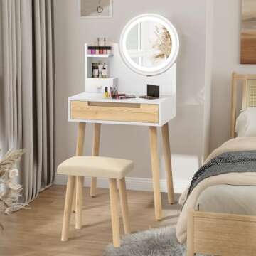 ARTETHYS Small Vanity Desk Set with 3 Adjustable Lighted Mirror and Storage Shelf White Tiny Makeup Vanities Set with Drawer for Bedroom 24 Inch Compact Dressing Table for Mini Space