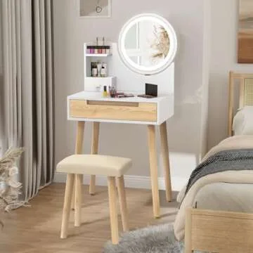 ARTETHYS Small Vanity Desk Set with 3 Adjustable Lighted Mirror and Storage Shelf White Tiny Makeup Vanities Set with Drawer for Bedroom 24 Inch Compact Dressing Table for Mini Space