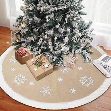 AerWo Christmas Tree Skirt 48 Inches, Burlap Tree Skirt Printed with White Snowflake for Christmas T...