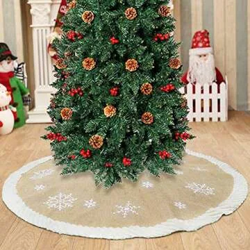 AerWo Christmas Tree Skirt 48 Inches, Burlap Tree Skirt Printed with White Snowflake for Christmas Tree Decor, Xmas Tree Skirt Christmas Decorations for New Year Holiday Party Supply Indoor Outdoor