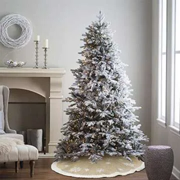 AerWo Christmas Tree Skirt 48 Inches, Burlap Tree Skirt Printed with White Snowflake for Christmas Tree Decor, Xmas Tree Skirt Christmas Decorations for New Year Holiday Party Supply Indoor Outdoor