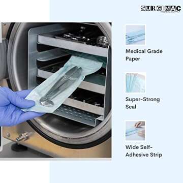 SurgiMac 5.25" x 10" Self Sterilization Pouches for Dental Offices, Autoclave Sterilizer Bags Pouch for Dentist Tools, 200 Pouches Per Box, 1 Box of Paper Blue Film