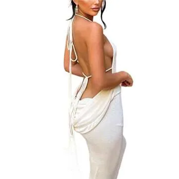 Women Sexy Spaghetti Strap Backless Maxi Dress Lace Up Bodycon Party Dress Bandage Halter Evening Club Dress(Backless White,Small)