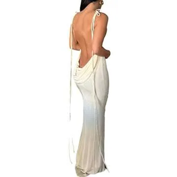 Women Sexy Spaghetti Strap Backless Maxi Dress Lace Up Bodycon Party Dress Bandage Halter Evening Club Dress(Backless White,Small)