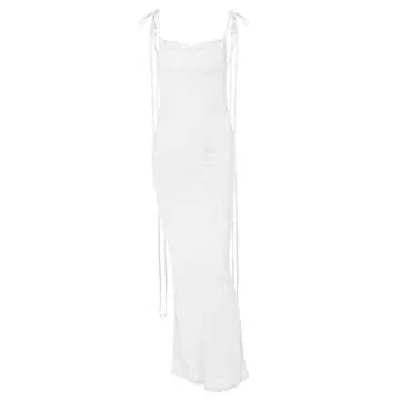 Women Sexy Spaghetti Strap Backless Maxi Dress Lace Up Bodycon Party Dress Bandage Halter Evening Club Dress(Backless White,Small)