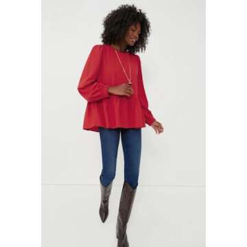 Allimy Women's 2025 Fashion Flowy Tops Puff Long Sleeve Shirts Elegant Crewneck Business Peplum Blouses for Women Trendy Dressy Casual Red Small