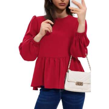 Allimy Women's 2025 Fashion Flowy Tops Puff Long Sleeve Shirts Elegant Crewneck Business Peplum Blouses for Women Trendy Dressy Casual Red Small